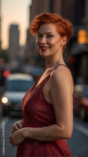 portrait of a smiling red-haired woman standing on the street