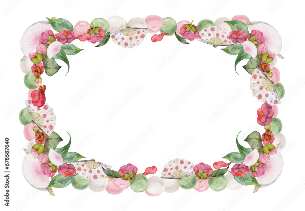 Watercolor hand drawn traditional Japanese sweets. Frame with winter wagashi and camellia. Isolated on white background. Design for invitations, restaurant menu, greeting cards, print, textile Watercolor hand drawn traditional Japanese sweets. Frame with winter wagashi and camellia. Isolated on white background. Design for invitations, restaurant menu, greeting cards, print, textile