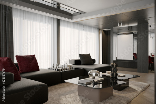 Black Modular sofa In front of a large window  Center table  exclusive stuff  3D rendering