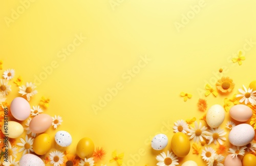 Colorful Easter eggs, bunnies and spring flowers border flat lay on yellow pastel background. Happy Easter! Stylish easter layout, greeting card or banner template