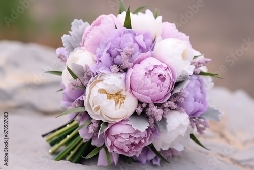 Floral Fairytale  Bridal Bouquet Adorned with the Soft Hues of Pink  Lilac  and White Peonies