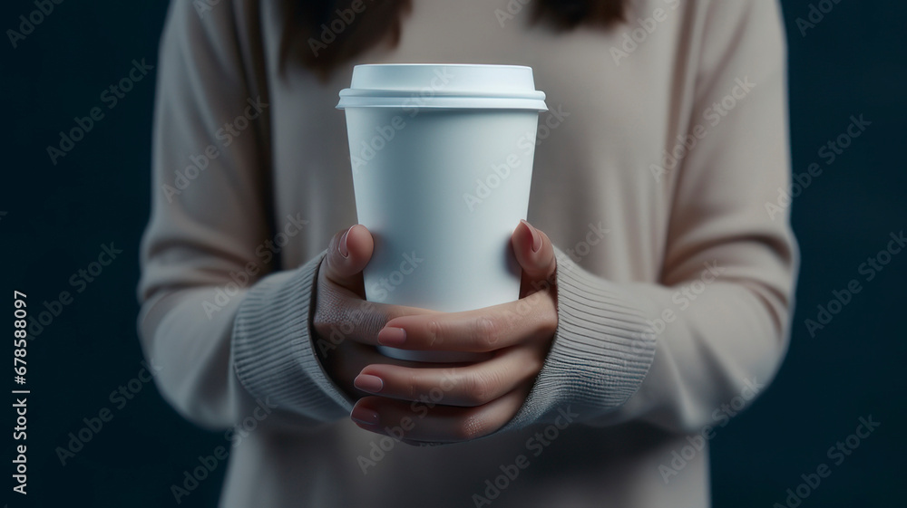 Woman holding a cup of coffee on a gray background