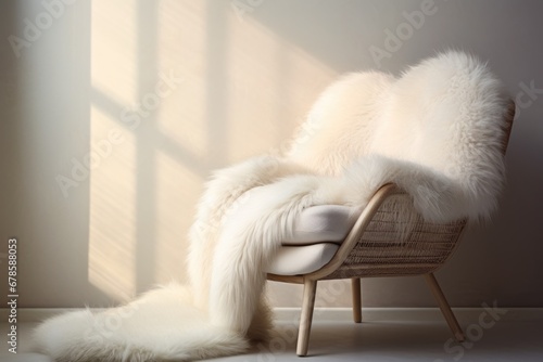 Chair with fur blanket in front of the clean wall