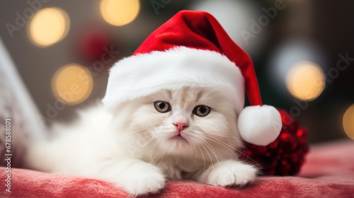 Cute fluffy little white kitten in red Santa hat lies on a red blanket and looks at the camera. Blurred Christmas lights on background.