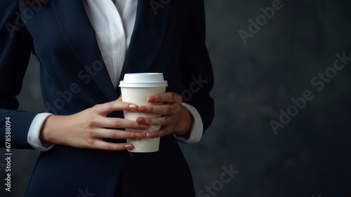 Business woman holding a cup of coffee on a gray background