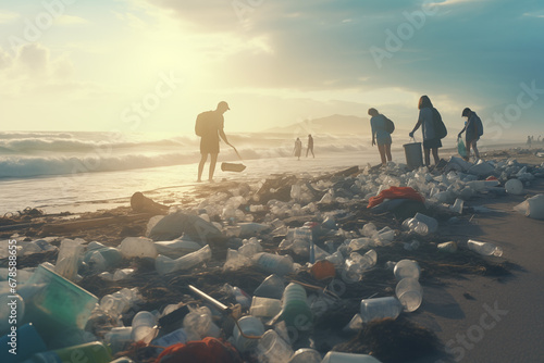 group of people walking on beach collecting trash