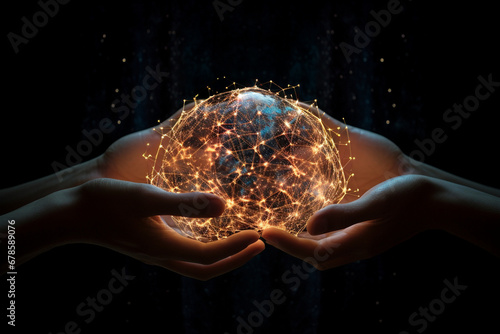 Connected World: Hands Holding Miniature Globe with Digital Network Lines Connecting Continents