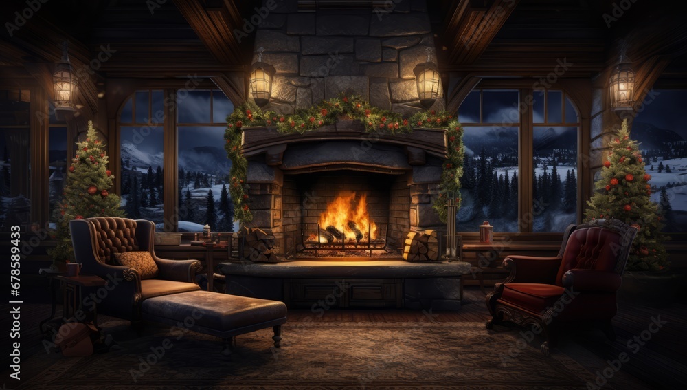 A Cozy Christmas Living Room with Festive Fireplace and Delightful Decorations