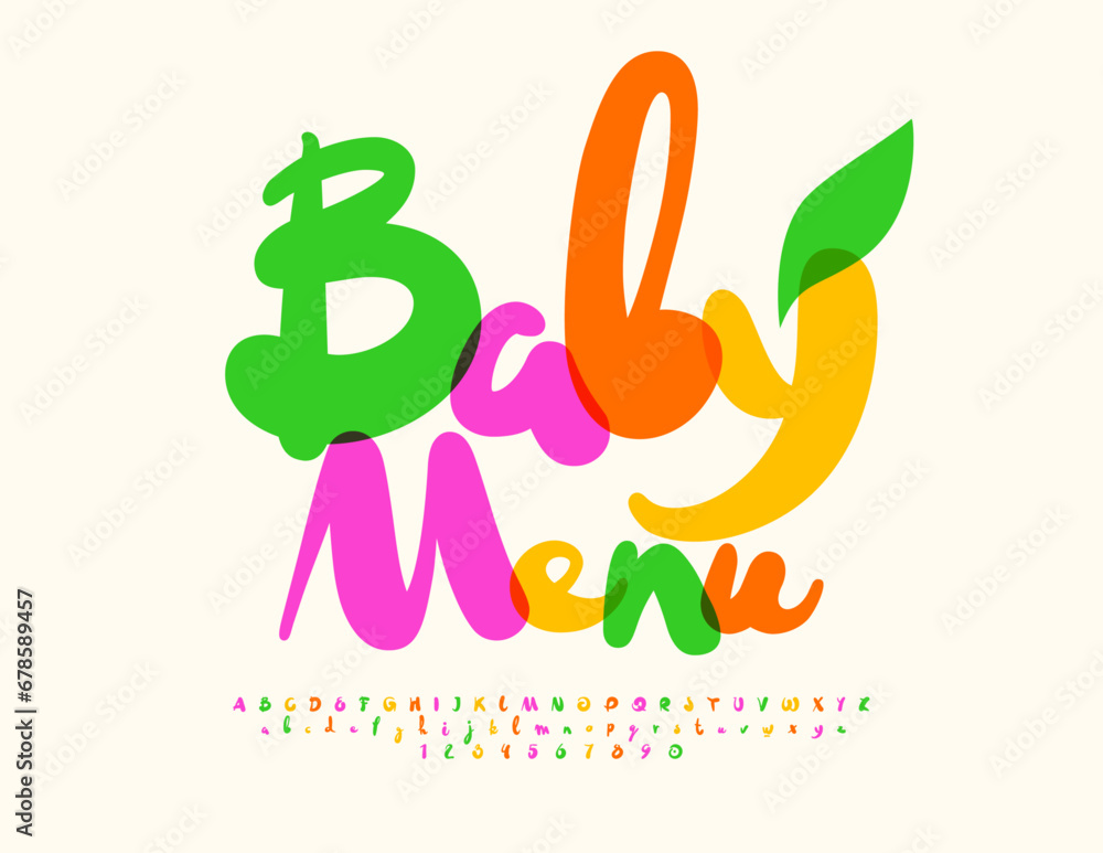 Fototapeta premium Vector artistic template Baby Menu. Funny playful Font. Creative watercolor Alphabet Letters and Numbers set