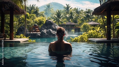 Male traveler on vacation in swimming pool at luxury spa resort with stunning tropical natural views © theupperclouds