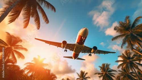 Bottom view of Airplane flying over coconut trees at sunset