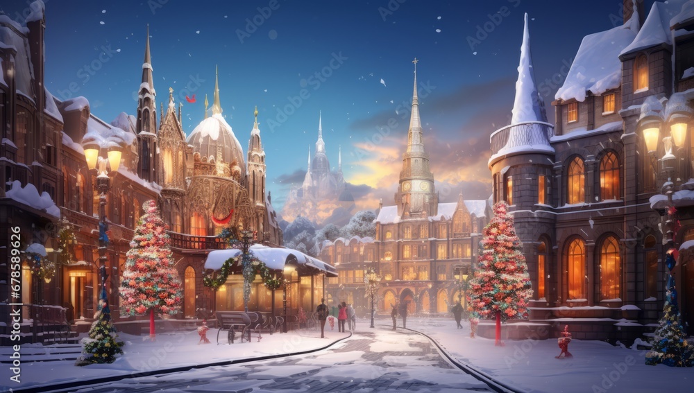 A Festive Christmas Train Chugging Through Snowy Winter Landscape - obrazy, fototapety, plakaty 