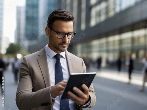 Highlight the convenience and portability of AI technology in data analysis by creating an image of a businessman using a tablet to analyze data while on-the-go, with a blurred urban background © Monmeo