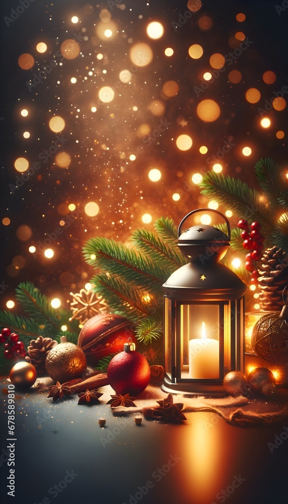 Christmas background with candle and decorations. Christmas background with candle and decorations.