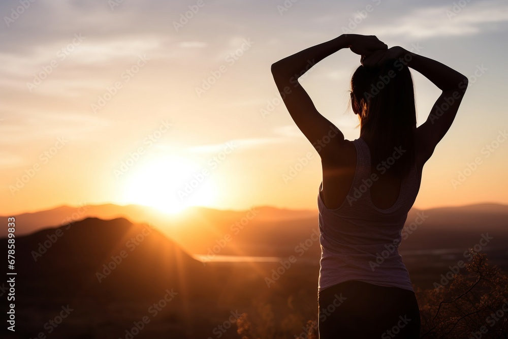 Woman stretching sunrise well being. Coast healthy lifestyle product. Generate Ai