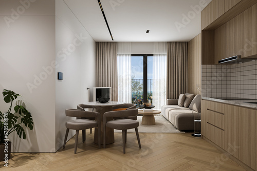 Simple style Interior in trio space living, dining, and open kitchen in a studio apartment, 3D rendering © CGI