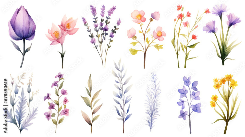 Set of watercolor spring flowers elements Set of watercolor spring flowers elements