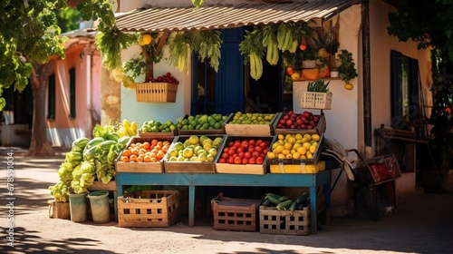 fruit and vegetables, Sunny day at a small local farmer's shop on a Spanish street, colorful array of organic produce,  authentic street market vibes. photo