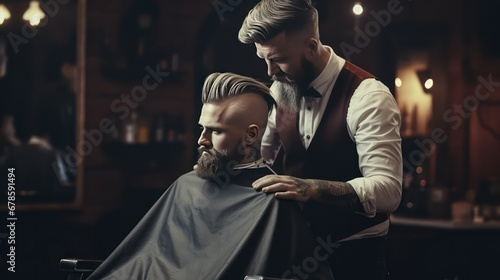 man in hair cut in bar shop