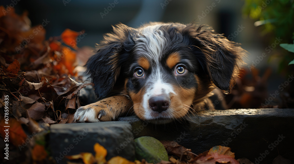 A small Bernese Mountain dog next to some fall leaves, in the style of dark brown and blue - Generative AI