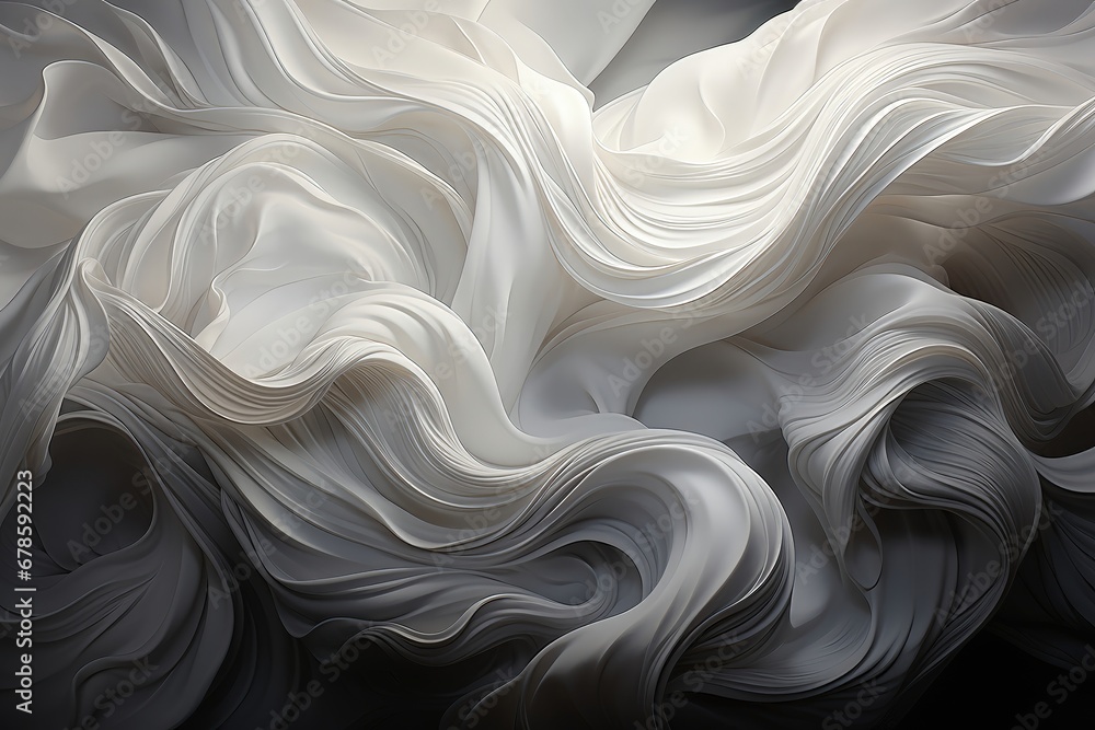 An abstract wallpaper featuring undulating waves of white fabric against a black background creates a visually serene and elegant composition. Illustration - obrazy, fototapety, plakaty 