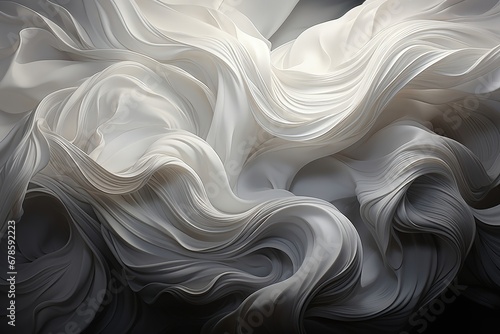 An abstract wallpaper featuring undulating waves of white fabric against a black background creates a visually serene and elegant composition. Illustration © DIMENSIONS