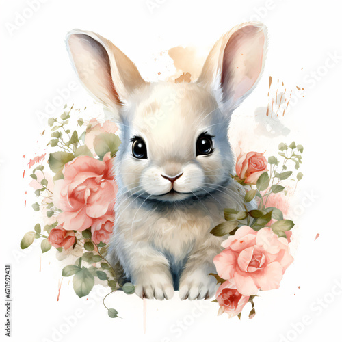 Fluffy bunny among flowers. Its a girl. Watercolor Illustration of cute rabbit for Baby Shower invitation, kids new born celebration, greeting cards, fabric, wall art decoration