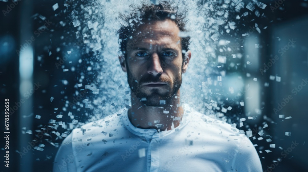 Man turning into particles for Cybersecurity and Privacy Rights with Blue Eyes and Generative AI Man turning into particles for Cybersecurity and Privacy Rights with Blue Eyes and Generative AI