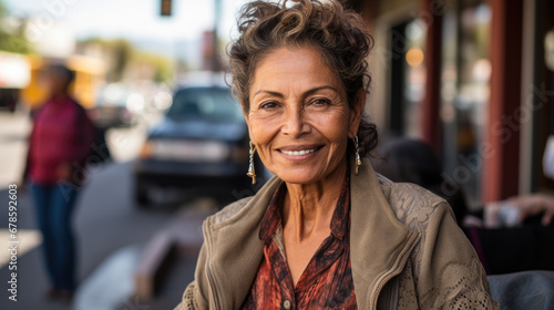 Cheerful average Hispanic woman with Mexican street in the background photo