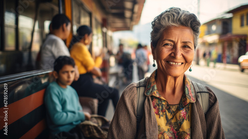 Old Mexican woman smiling waiting at bus stop in a Mexico street
