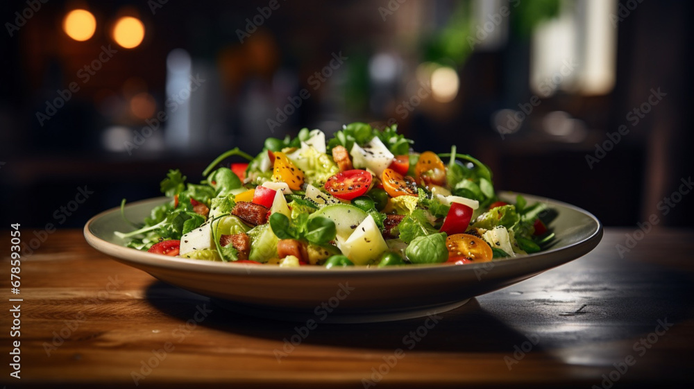 Refreshing salad on wooden table in restaurant Refreshing salad on wooden table in restaurant