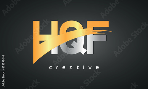 HQF Letters Logo Design with Creative Intersected and Cutted golden color