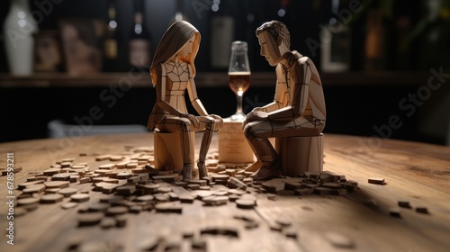 Emotional portrayal of family struggles with a broken wooden figure of a man, partner, and child displaying signs of addiction and strife in family life. photo