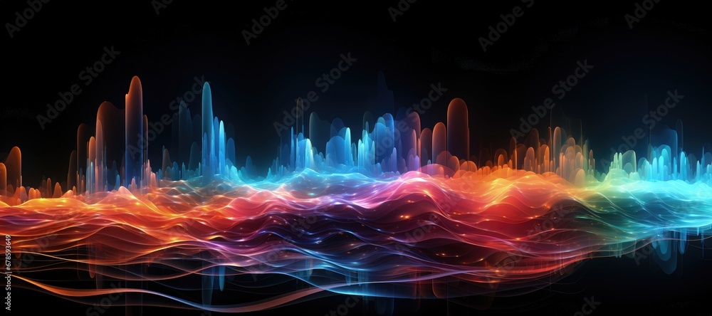 An abstract wallpaper with a black background, in a wide format, creating a futuristic composition that seamlessly blends vibrant hues with the cosmic allure of an imaginative terrain. Illustration
