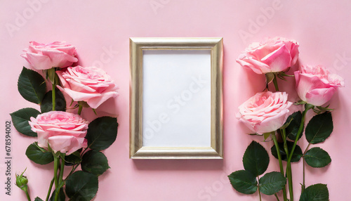 Blank frame for text, pink rose flowers on pink background