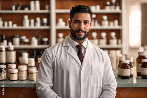 Latin male pharmacist looking at camera