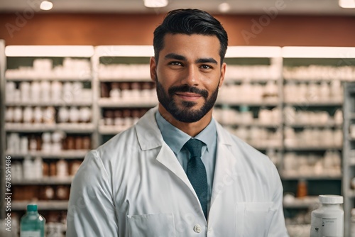 Latin male pharmacist looking at camera
