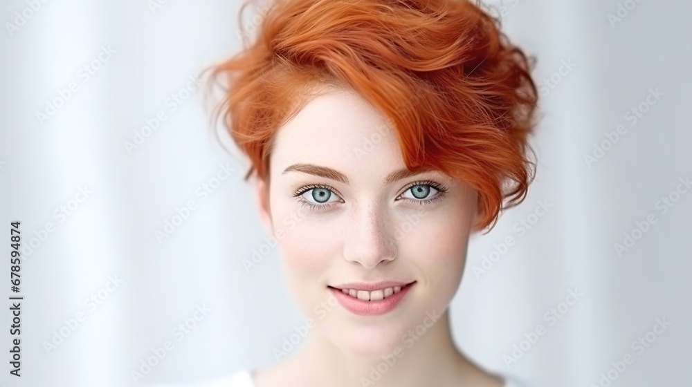 Beautiful elegant european red-haired smiling young woman with perfect skin and modern short hairstyle, on a white background, with empty copy space Beautiful elegant european red-haired smiling young woman with perfect skin and modern short hairstyle, on a white background, with empty copy space