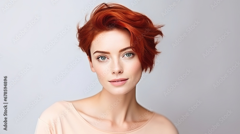 Beautiful elegant european red-haired smiling young woman with perfect skin and modern short hairstyle, on a white background, with empty copy space Beautiful elegant european red-haired smiling young woman with perfect skin and modern short hairstyle, on a white background, with empty copy space