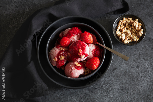 Studio shot of vegan ice cream with berry sauce and roasted oatmeal photo