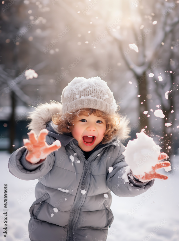 Child in winter park playing with snow, joy on a snowy day.
Child in winter park playing with snow, joy on a snowy day.