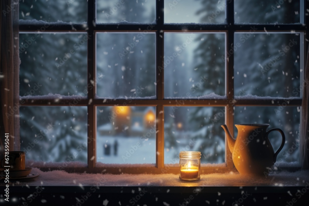 Naklejka premium A candle sitting on a window sill in the snow. Perfect for creating a cozy winter atmosphere or adding a touch of warmth to holiday-themed designs.