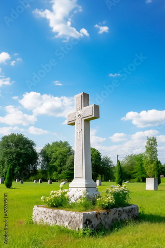 Sunlit grave cross among wildflowers, serene final resting place. 