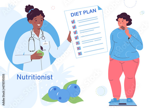 Obese woman standing on weigh scales. Doctor nutritionist advises an obese patient. Nutritionist make diet plan. The concept of weight loss, healthy lifestyle.