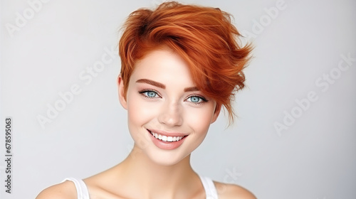 Beautiful elegant european red-haired smiling young woman with perfect skin and modern short hairstyle, on a white background, with empty copy space