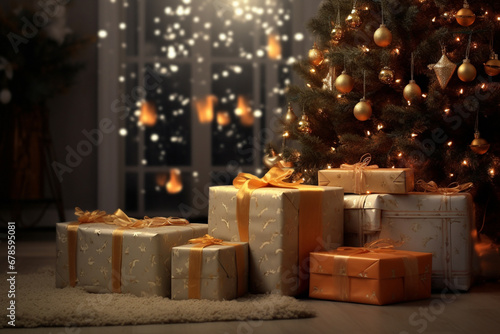 Many Christmas gifts wrapped in silver or gray papers and gold ribbons put under a decorated Christmas tree in the living room. Generative AI. © Surachetsh