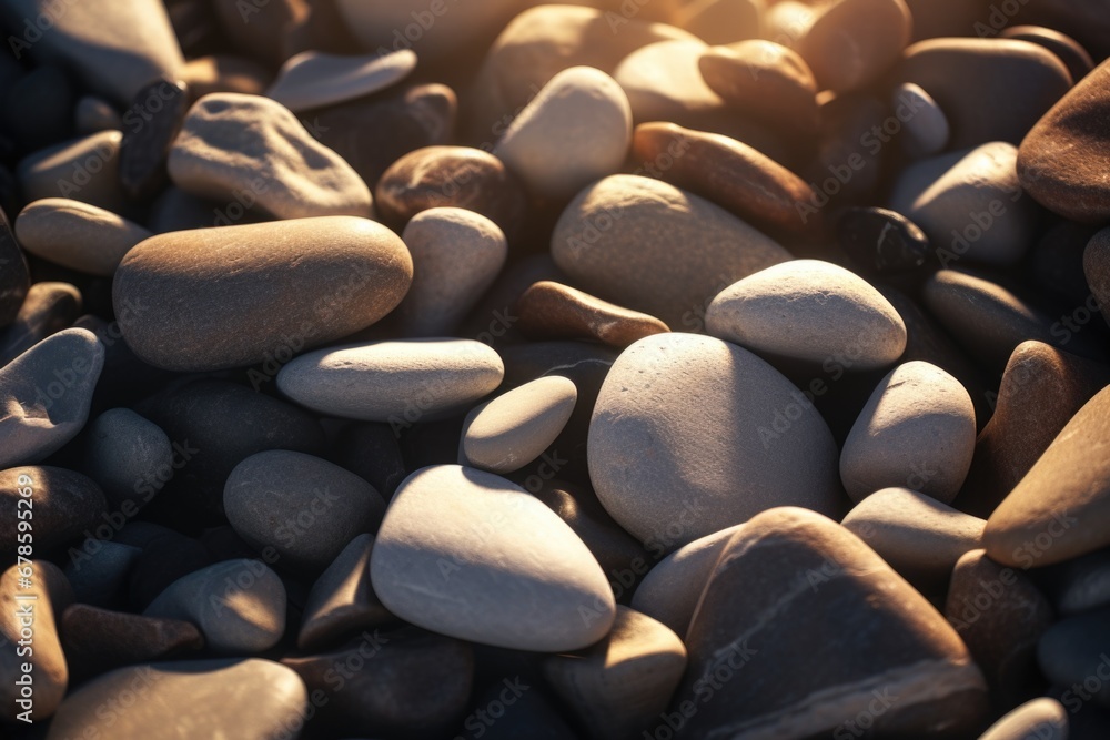 Obraz premium A pile of rocks sitting on top of a beach. This image can be used to depict the beauty of nature and the tranquility of the seaside.