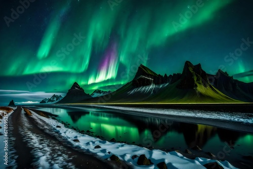 A magical moment unfolds in the Icelandic night as the green aurora borealis lights up the sky, casting an ethereal glow over a snowy mountain ridge generative ai technology 