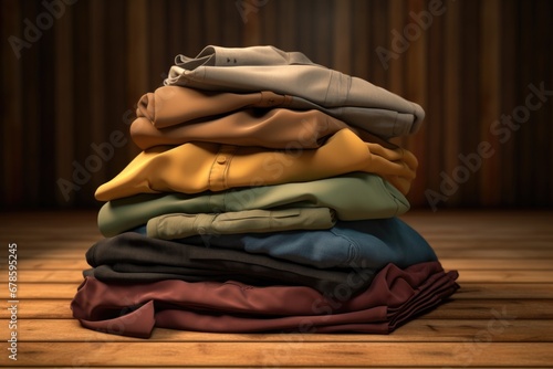 A stack of folded shirts sitting on top of a wooden floor. Perfect for showcasing clothing options or organizing a wardrobe.