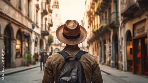 Rear view of young male tourist wearing hat on European street with old buildings © theupperclouds